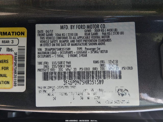 Продаж на аукціоні авто 2017 Ford Fusion Se, vin: 3FA6P0H75HR351589, номер лоту: 45505942