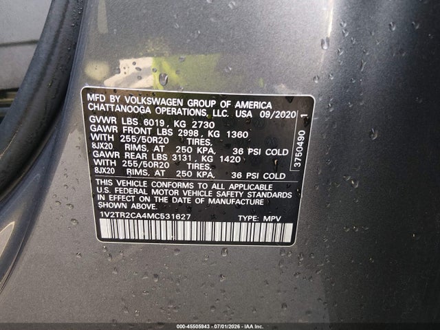 Aukcja sprzedaży 2021 Volkswagen Atlas 3.6l V6 Sel Premium, vin: 1V2TR2CA4MC531627, numer aukcji: 45505943