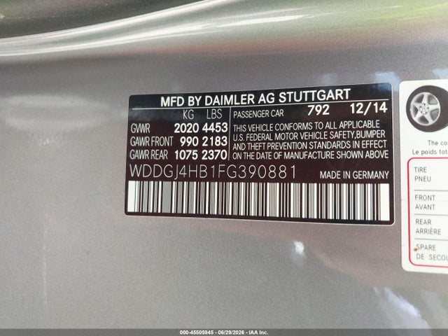 Aukcja sprzedaży 2015 Mercedes-benz C 250, vin: WDDGJ4HB1FG390881, numer aukcji: 45505945