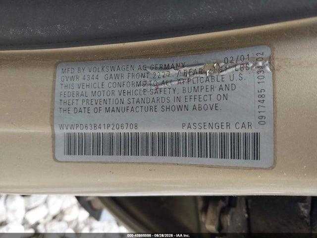 2001 Volkswagen Passat Gls მანქანა იყიდება აუქციონზე, vin: WVWPD63B41P206708, აუქციონის ნომერი: 45505955