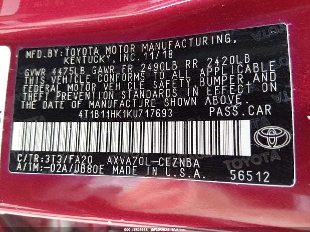 4T1B11HK1KU717693 Toyota CAMRY LE