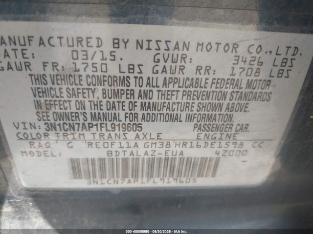 Nissan Versa 1.6 S+ 2015 3N1CN7AP1FL919605 Image 9