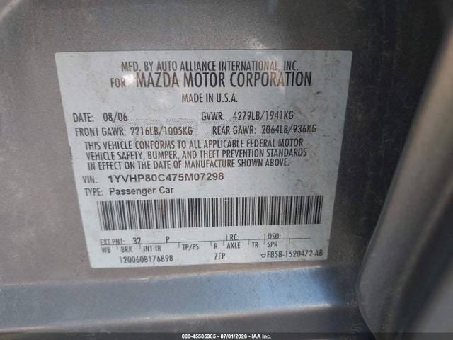 Продаж на аукціоні авто 2007 Mazda Mazda6 I Sport, vin: 1YVHP80C475M07298, номер лоту: 45505985