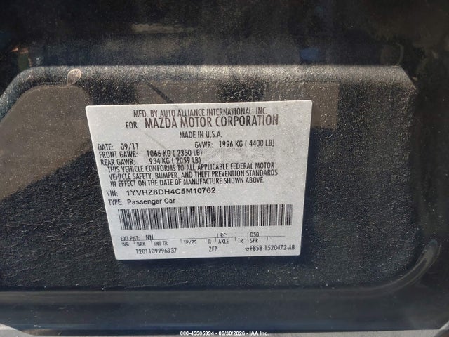 2012 Mazda Mazda6 I Touring მანქანა იყიდება აუქციონზე, vin: 1YVHZ8DH4C5M10762, აუქციონის ნომერი: 45505994