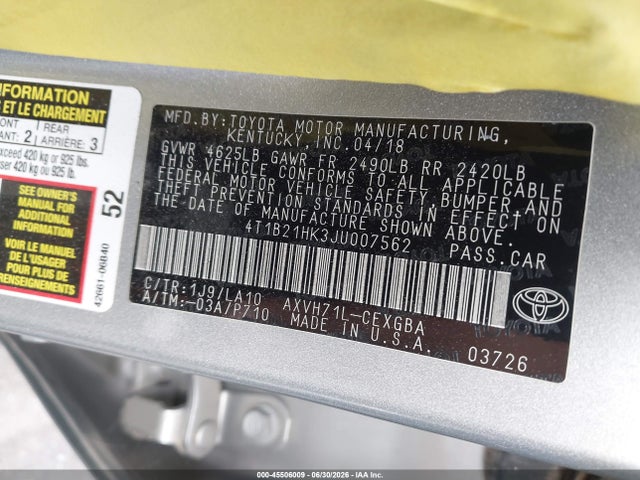4T1B21HK3JU007562 Toyota Camry Hybrid Xle