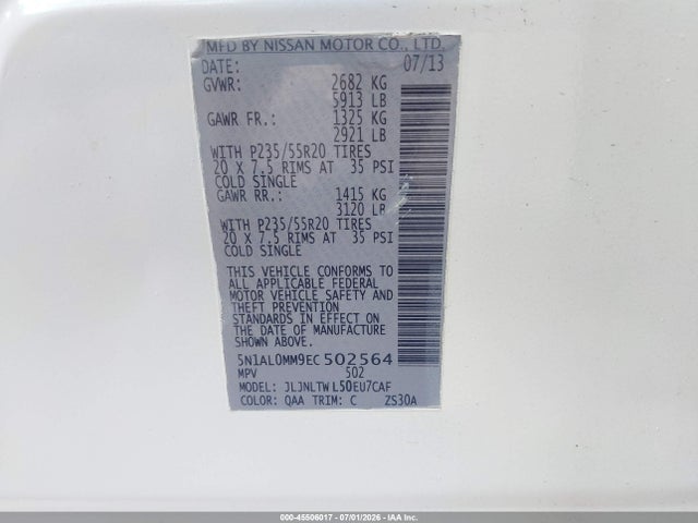 Продажа на аукционе авто 2014 Infiniti Qx60, vin: 5N1AL0MM9EC502564, номер лота: 45506017