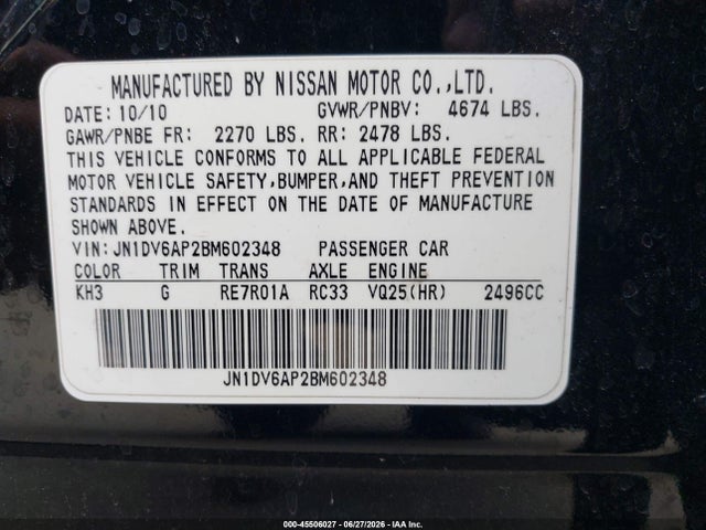 Продаж на аукціоні авто 2011 Infiniti G25 Journey, vin: JN1DV6AP2BM602348, номер лоту: 45506027
