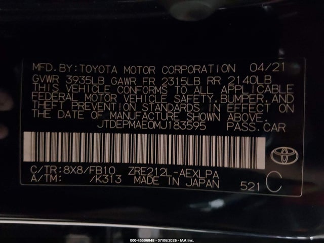 2021 Toyota Corolla Le მანქანა იყიდება აუქციონზე, vin: JTDEPMAE0MJ183595, აუქციონის ნომერი: 45506048