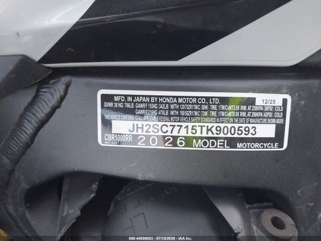 JH2SC7715TK900593 Honda CBR1000 RR