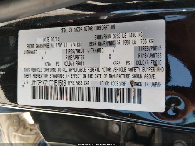 45506076 :رقم المزاد ، JM1DE1KZ1C0151518 vin ، 2012 Mazda Mazda2 Sport مزاد بيع