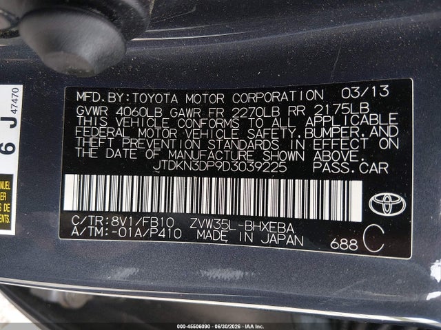 2013 Toyota Prius Plug-in მანქანა იყიდება აუქციონზე, vin: JTDKN3DP9D3039225, აუქციონის ნომერი: 45506090