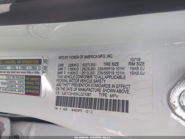Продажа на аукционе авто 2019 Acura Rdx Technology Package, vin: 5J8TC2H55KL021087, номер лота: 45506104