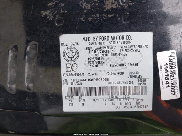 45506108 :رقم المزاد ، 1FTZR44U58PB06058 vin ، 2008 Ford Ranger Xlt مزاد بيع