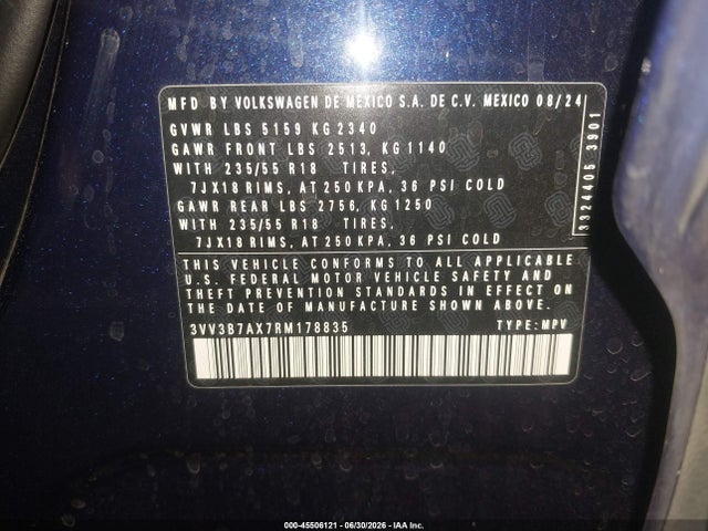 3VV3B7AX7RM178835 Volkswagen Tiguan 2.0t Se/2.0t Wolfsburg Edition