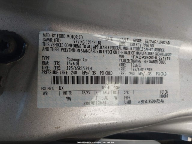 Aukcja sprzedaży 2017 Ford Focus S, vin: 1FADP3E20HL221719, numer aukcji: 45506128