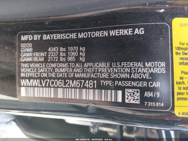 Aukcja sprzedaży 2020 Mini Clubman Cooper S, vin: WMWLV7C06L2M67481, numer aukcji: 45506130