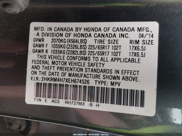 2HKRM4H7XEH674526 Honda Cr-v Ex-l