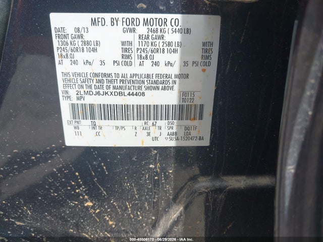 Продаж на аукціоні авто 2013 Lincoln Mkx, vin: 2LMDJ6JKXDBL44408, номер лоту: 45506170