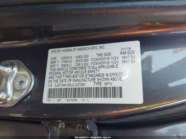 45506171 :رقم المزاد ، 5J8TB4H58JL020383 vin ، 2018 Acura Rdx Technology   Acurawatch Plus Packages/technology Package مزاد بيع