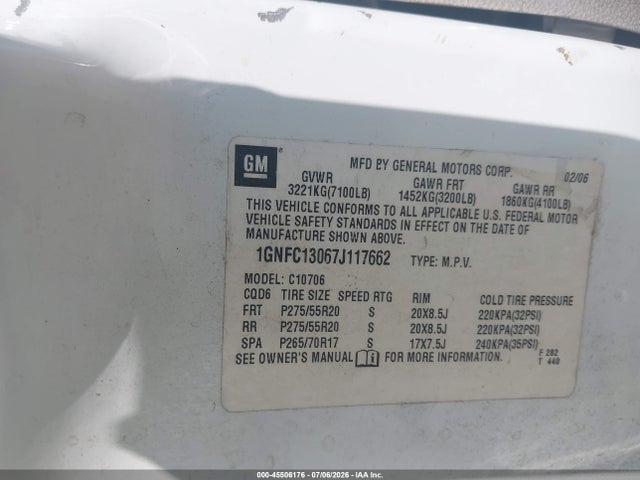 45506176 :رقم المزاد ، 1GNFC13067J117662 vin ، 2007 Chevrolet Tahoe Ltz مزاد بيع