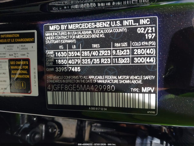 Aukcja sprzedaży 2021 Mercedes-benz Gls 580 4matic, vin: 4JGFF8GE5MA429980, numer aukcji: 45506222