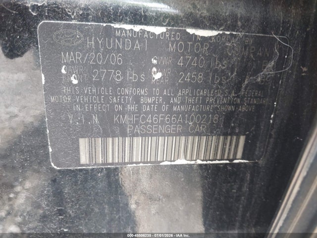 Aukcja sprzedaży 2006 Hyundai Azera Limited/se, vin: KMHFC46F66A100218, numer aukcji: 45506235