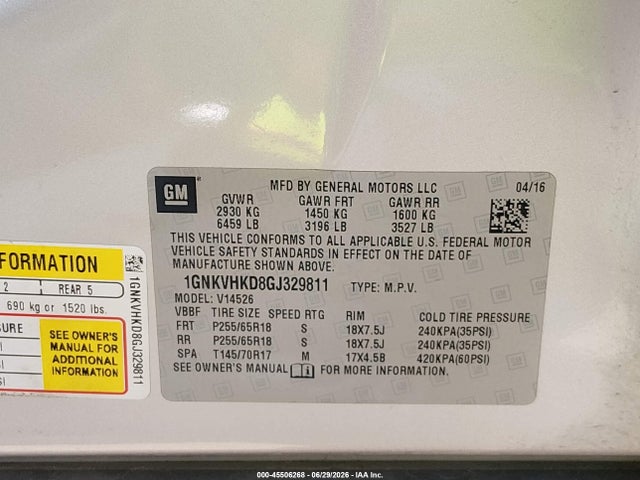 45506268 :رقم المزاد ، 1GNKVHKD8GJ329811 vin ، 2016 Chevrolet Traverse Lt مزاد بيع
