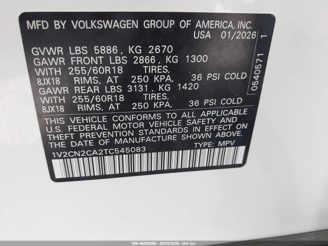 2026 Volkswagen Atlas Peak Edition მანქანა იყიდება აუქციონზე, vin: 1V2CN2CA2TC545083, აუქციონის ნომერი: 45506269
