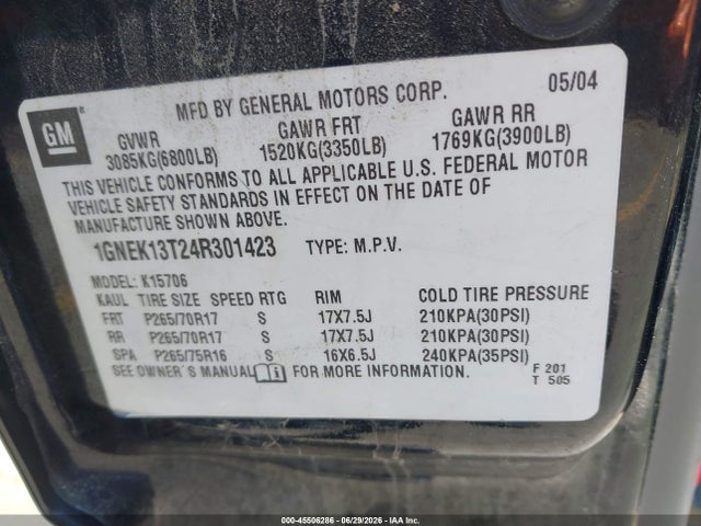 Aukcja sprzedaży 2004 Chevrolet Tahoe Z71, vin: 1GNEK13T24R301423, numer aukcji: 45506286