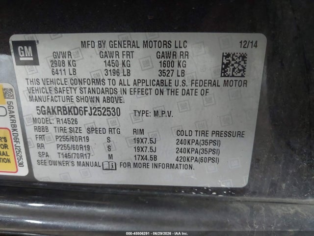 Продажа на аукционе авто 2015 Buick Enclave Leather, vin: 5GAKRBKD6FJ252530, номер лота: 45506291