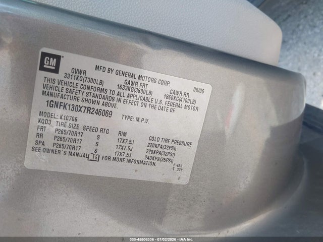 Продажа на аукционе авто 2007 Chevrolet Tahoe Lt, vin: 1GNFK130X7R246069, номер лота: 45506306