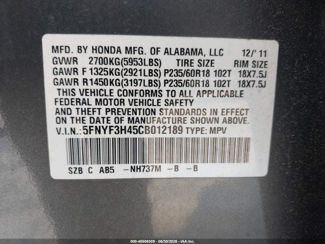 Продажа на аукционе авто 2012 Honda Pilot Ex, vin: 5FNYF3H45CB012189, номер лота: 45506309