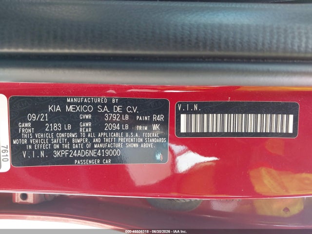 Aukcja sprzedaży 2022 Kia Forte Lxs, vin: 3KPF24AD6NE419000, numer aukcji: 45506318