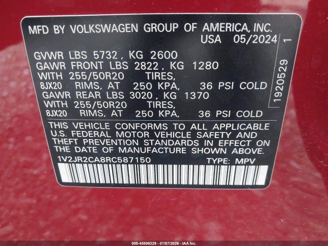 Aukcja sprzedaży 2024 Volkswagen Atlas 2.0t Se W/technology, vin: 1V2JR2CA8RC587150, numer aukcji: 45506329