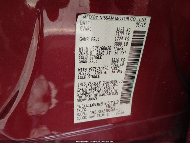 Nissan TITAN SV 2018 1N6AA1E65JN533712 Image 9