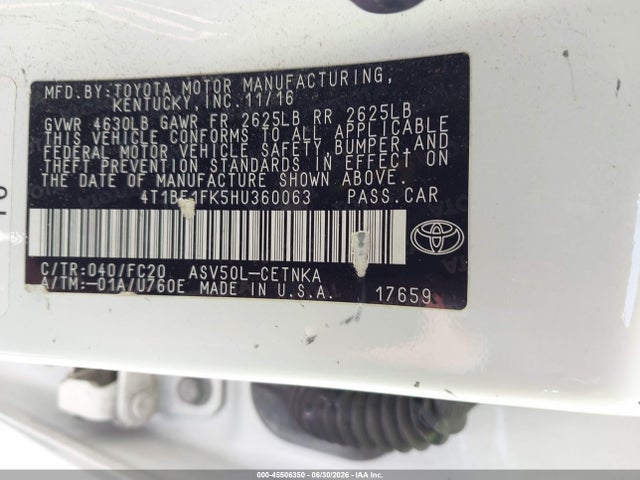 2017 Toyota Camry Le მანქანა იყიდება აუქციონზე, vin: 4T1BF1FK5HU360063, აუქციონის ნომერი: 45506350