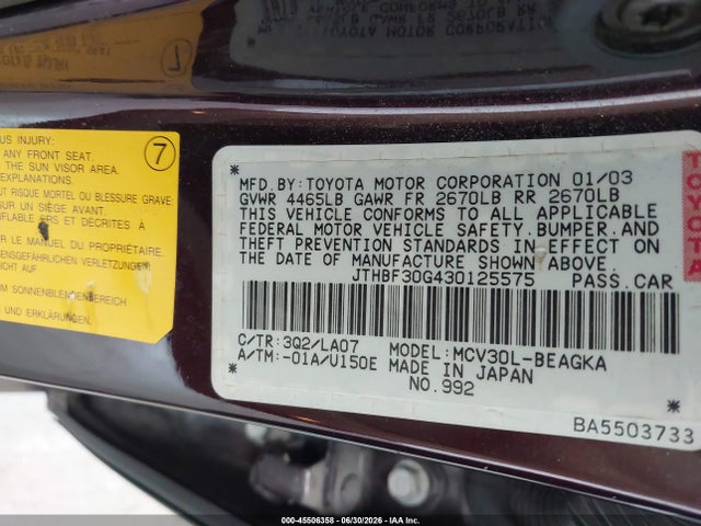Aukcja sprzedaży 2003 Lexus Es 300, vin: JTHBF30G430125575, numer aukcji: 45506358
