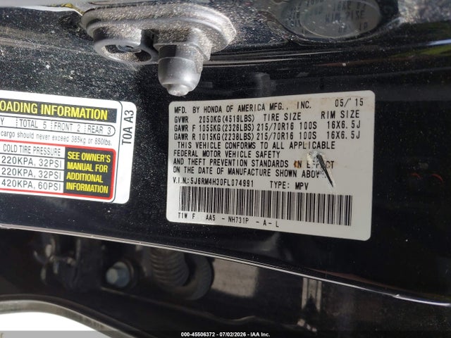 Aukcja sprzedaży 2015 Honda Cr-v Lx, vin: 5J6RM4H30FL074991, numer aukcji: 45506372