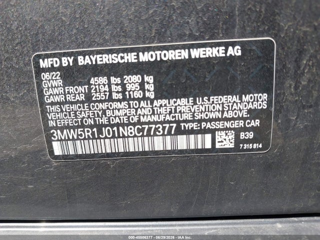Aukcja sprzedaży 2022 Bmw 330i, vin: 3MW5R1J01N8C77377, numer aukcji: 45506377