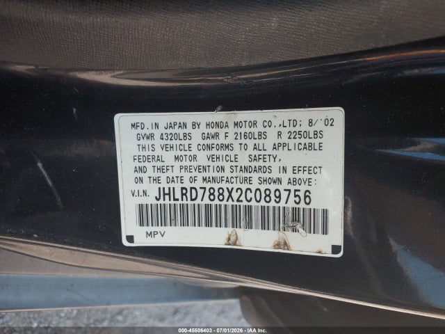 45506403 :رقم المزاد ، JHLRD788X2C089756 vin ، 2002 Honda Cr-v Ex مزاد بيع
