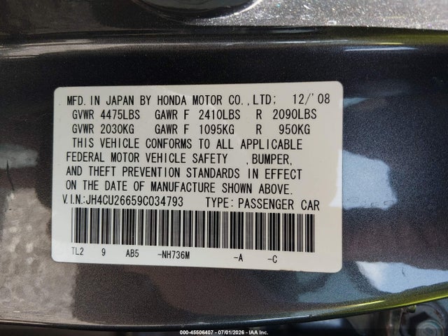 45506407 :رقم المزاد ، JH4CU26659C034793 vin ، 2009 Acura Tsx مزاد بيع