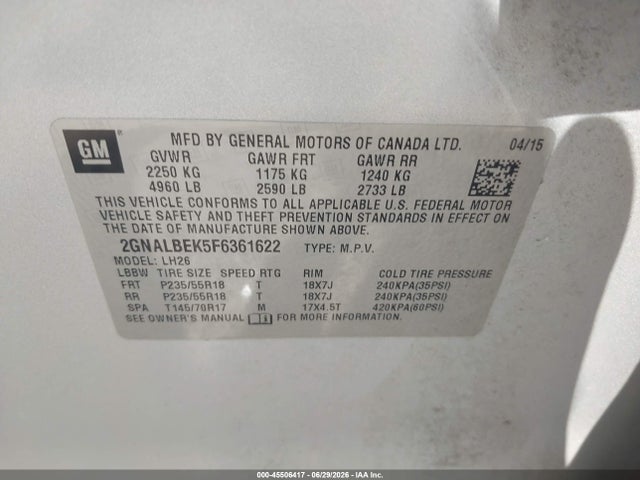 Продаж на аукціоні авто 2015 Chevrolet Equinox Lt, vin: 2GNALBEK5F6361622, номер лоту: 45506417