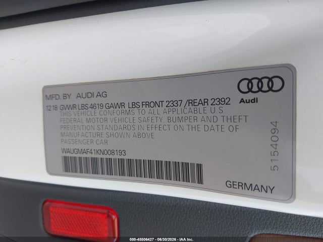 45506427 :رقم المزاد ، WAUGMAF41KN008193 vin ، 2019 Audi A4 40 Premium/40 Titanium Premium مزاد بيع