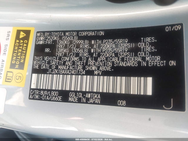 45506430 :رقم المزاد ، JTJZK1BAXA2401734 vin ، 2010 Lexus Rx 350 مزاد بيع