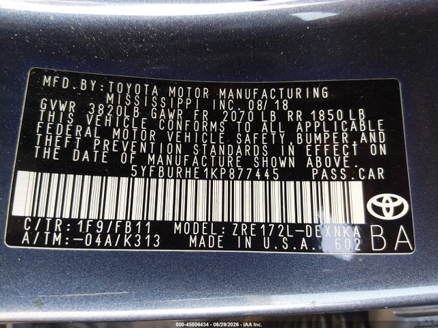 Toyota COROLLA LE 2019 5YFBURHE1KP877445 Image 9