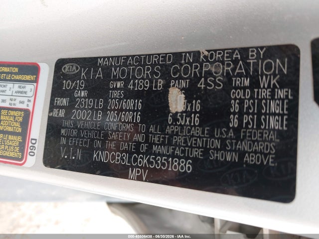 45506438 :رقم المزاد ، KNDCB3LC6K5351886 vin ، 2019 Kia Niro Lx مزاد بيع