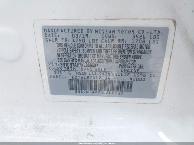 Aukcja sprzedaży 2019 Nissan Versa 1.6 Sv, vin: 3N1CN7AP7KL860537, numer aukcji: 45506449