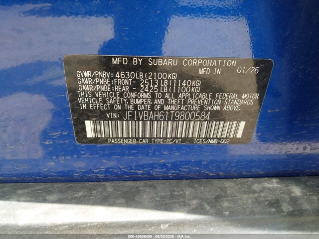 Продажа на аукционе авто 2026 Subaru Wrx Premium, vin: JF1VBAH61T9800584, номер лота: 45506459