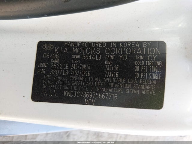 45506463 :رقم المزاد ، KNDJC736975667716 vin ، 2007 Kia Sorento Ex مزاد بيع