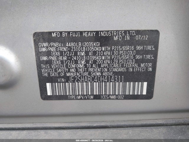 45506477 :رقم المزاد ، JF2SHABC4DH414311 vin ، 2013 Subaru Forester 2.5x مزاد بيع